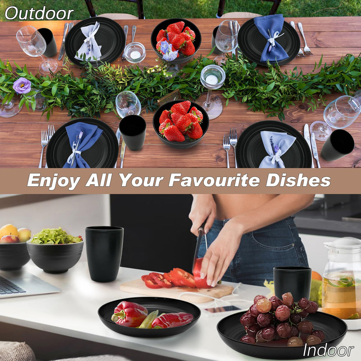 Reusable Plastic Tableware Set with Dinner Plates, Side Plates, Bowls, and Cups, Perfect for Family Picnics, Camping, or School Use