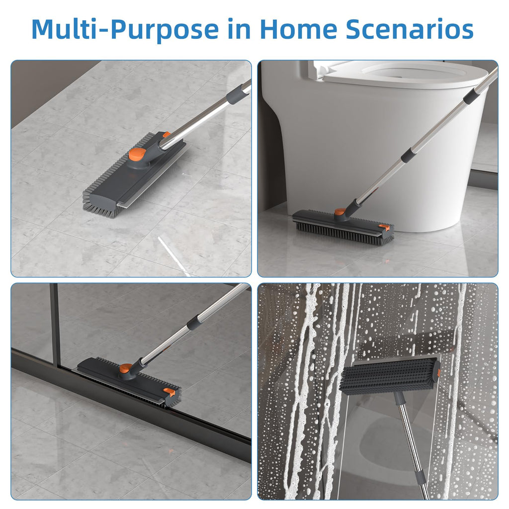 Long Handled Floor Scrub Brush with Squeegee Design for Bathroom Tile and Floor Cleaning