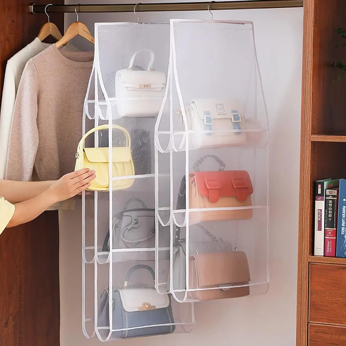 8 Pocket Hanging Handbag Organizer with Transparent Windows and Stainless Steel Hook for Closet Handbag Storage