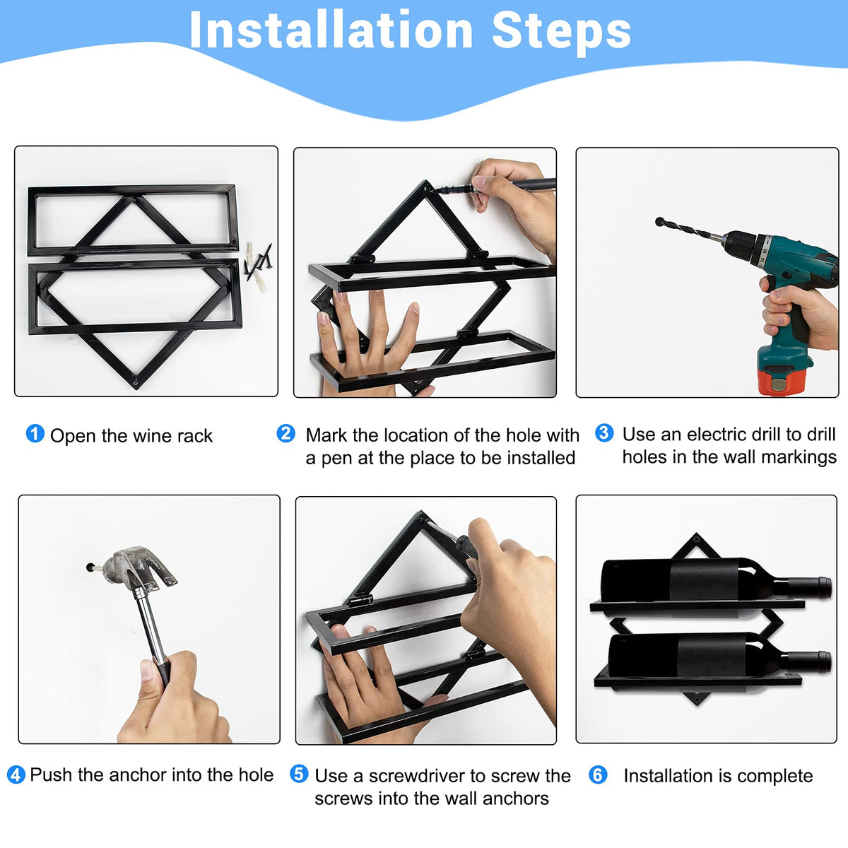 Upside Down Wine Rack with Foldable Iron Wall Mount Design for Bottles Goblets and Bar Storage