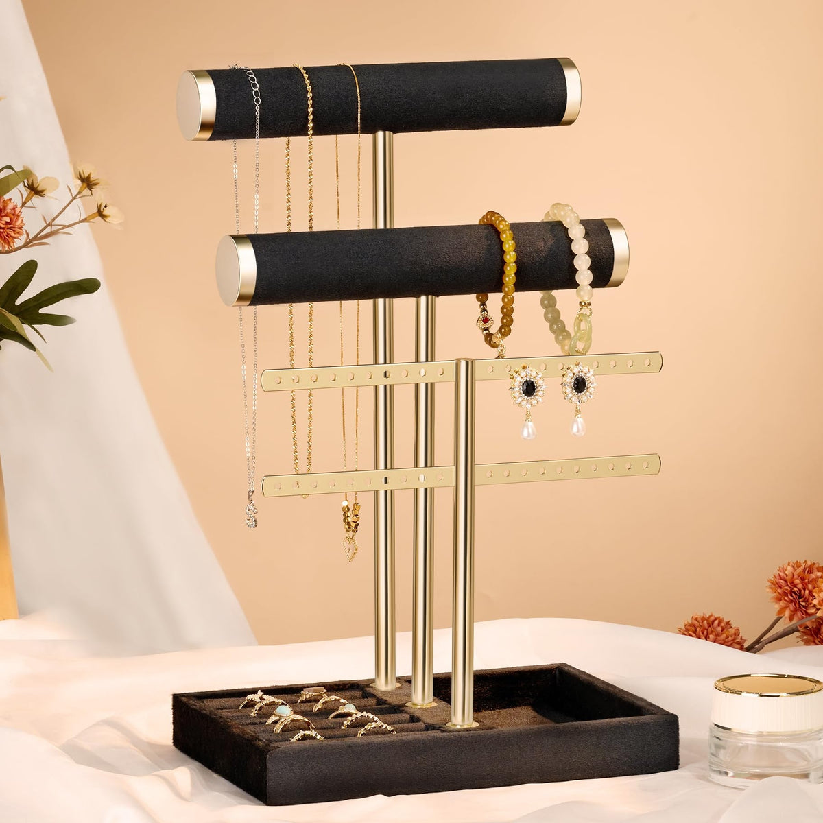 3 Tier Bracelet Holder Stand with Velvet T Bar Design for Jewelry Organization and Display