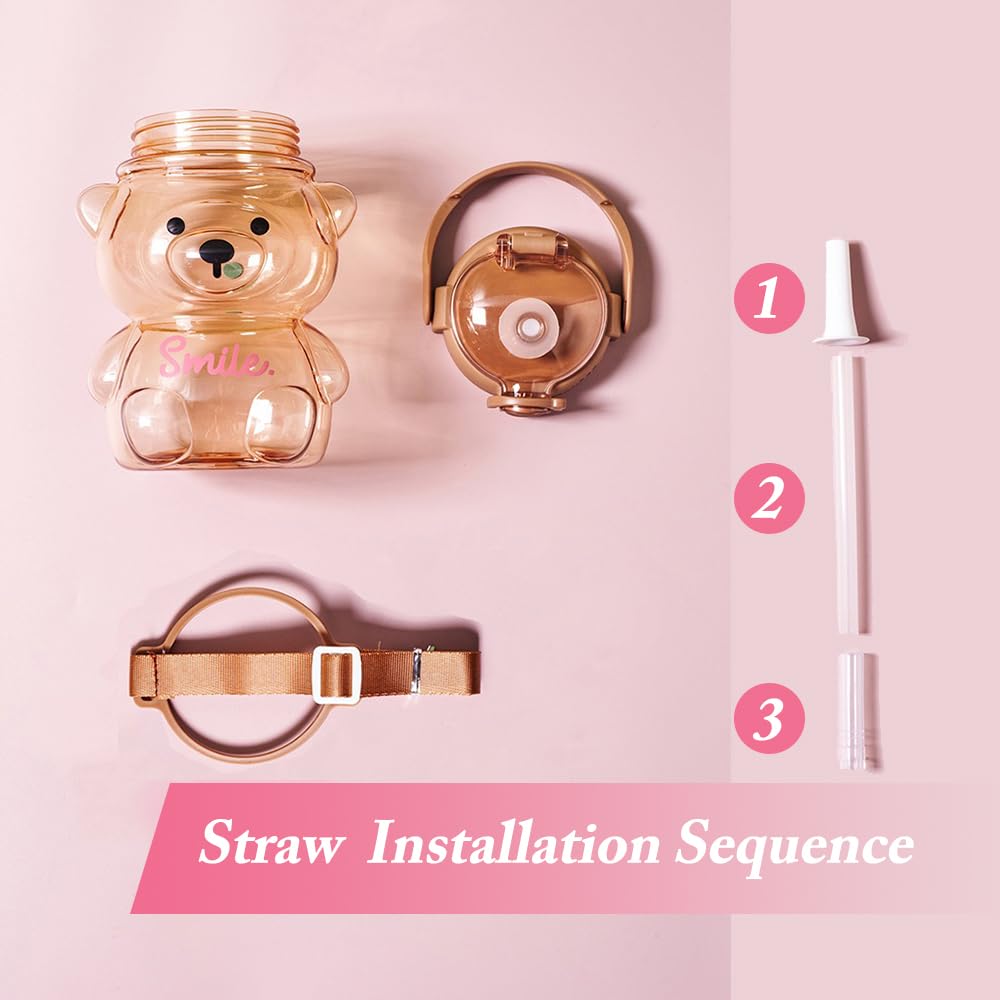 1000ml Cute Bear Water Bottle with 2 in 1 Straw Lid and Leakproof Design for School, Sports and Everyday Hydration