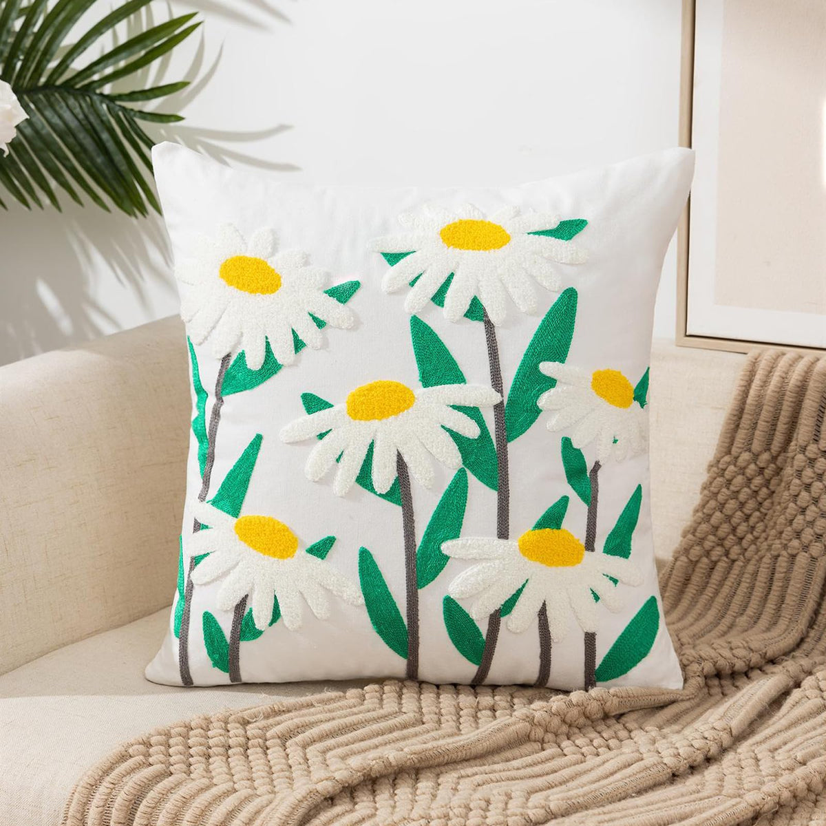 Embroidered Floral Throw Pillow Cover 18x18 Inch Cotton Canvas with Hidden Zipper for Sofa, Bed, and Living Room Decor