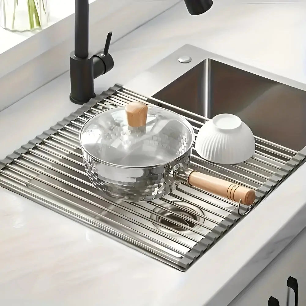 Over The Sink Roll Up Dish Drying Rack Stainless Steel Foldable Drainer 18x9 Inch