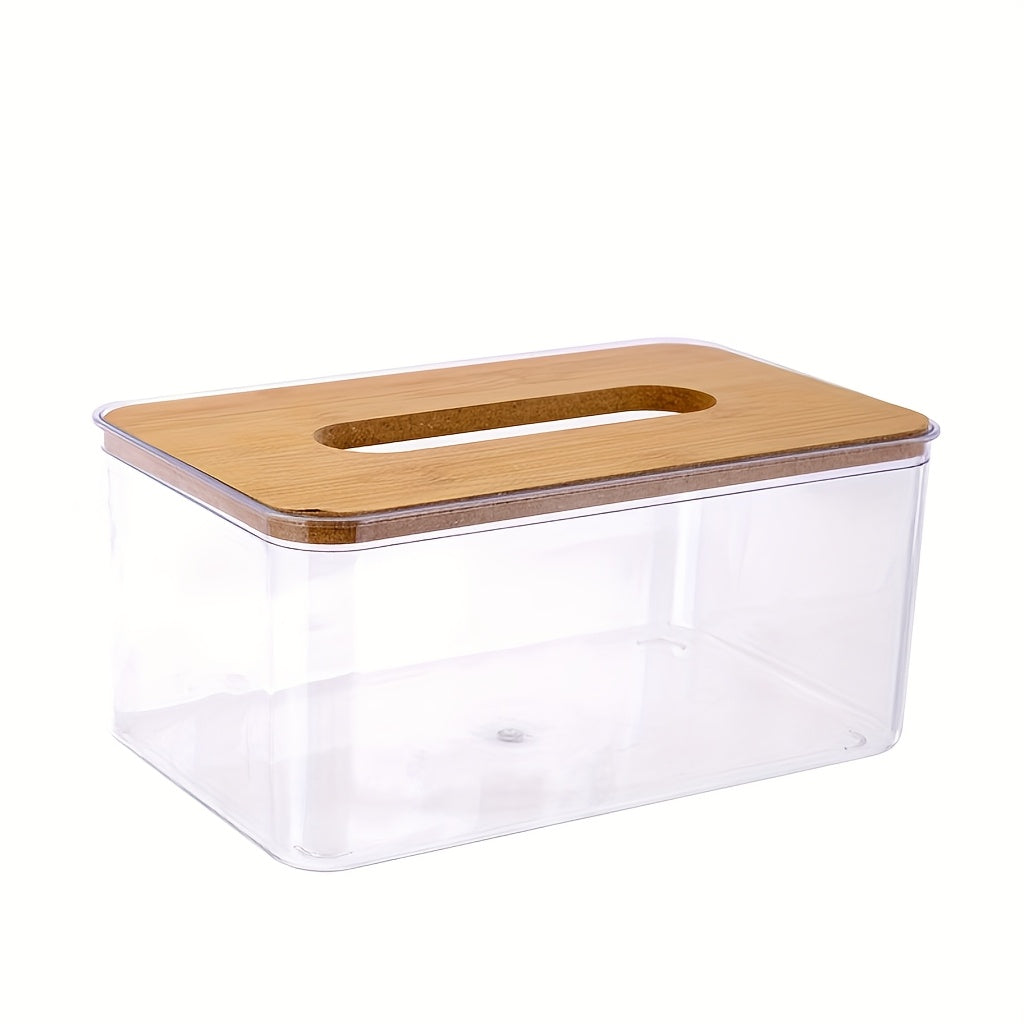 Transparent Tissue Box Holder with Bamboo Lid for Living Room, Bedroom, Office, and Bathroom Storage