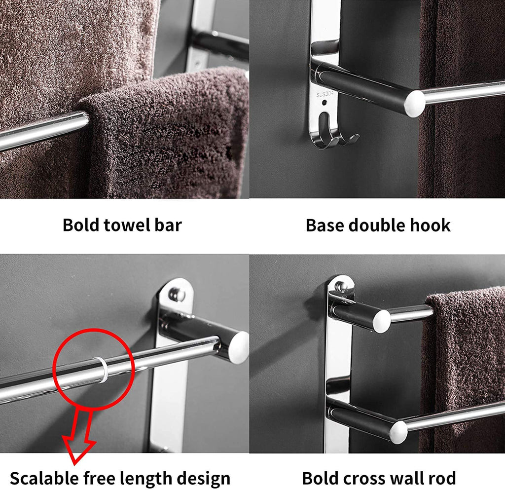Retractable Stainless Steel Towel Bar Wall Mounted Bathroom Towel Holder with Hooks