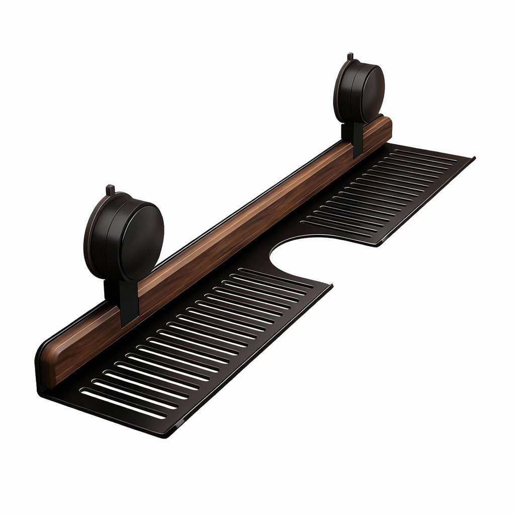 Suction Bathroom Shelf with Walnut Accent and No Drill Design for Sink and Wall Storage