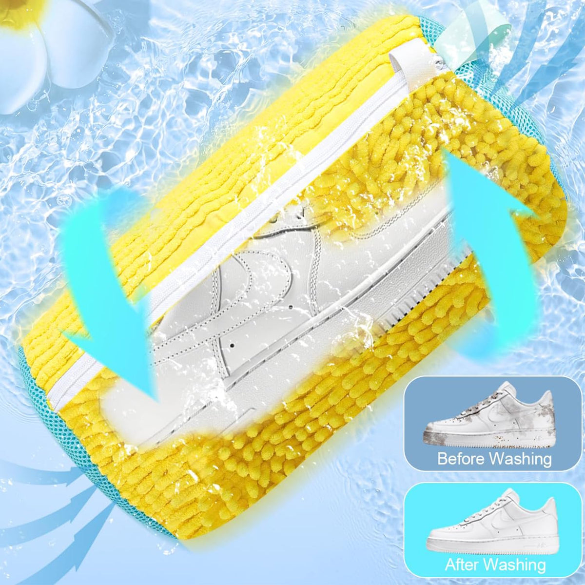 2Pcs Shoe Washing Machine Bag with Self Locking Zipper and Chenille Mesh Design for Washer Dryer Sneaker Cleaning (Brush & Shoes Bag Included)