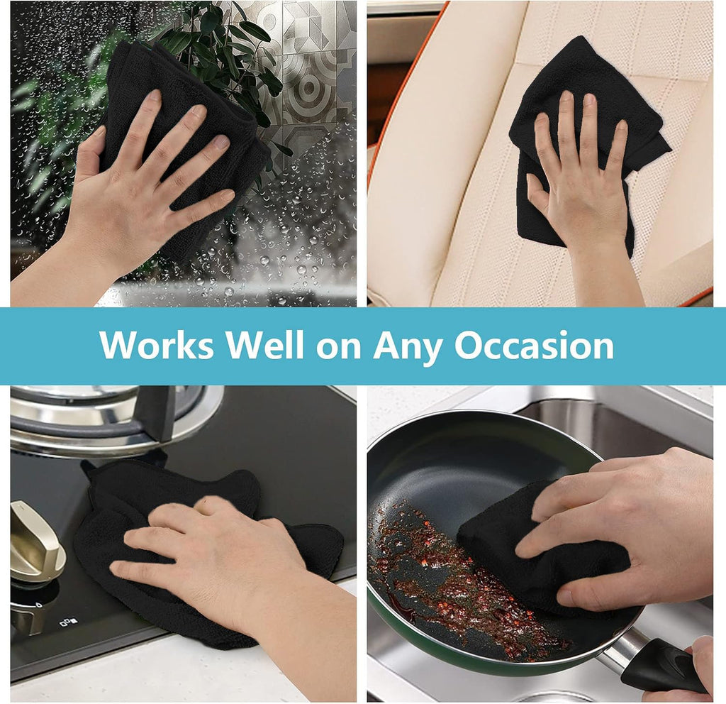 Black Microfiber Cleaning Cloth Set with Soft Lint Free Absorbent Fabric for Household Kitchen Office and Car Cleaning