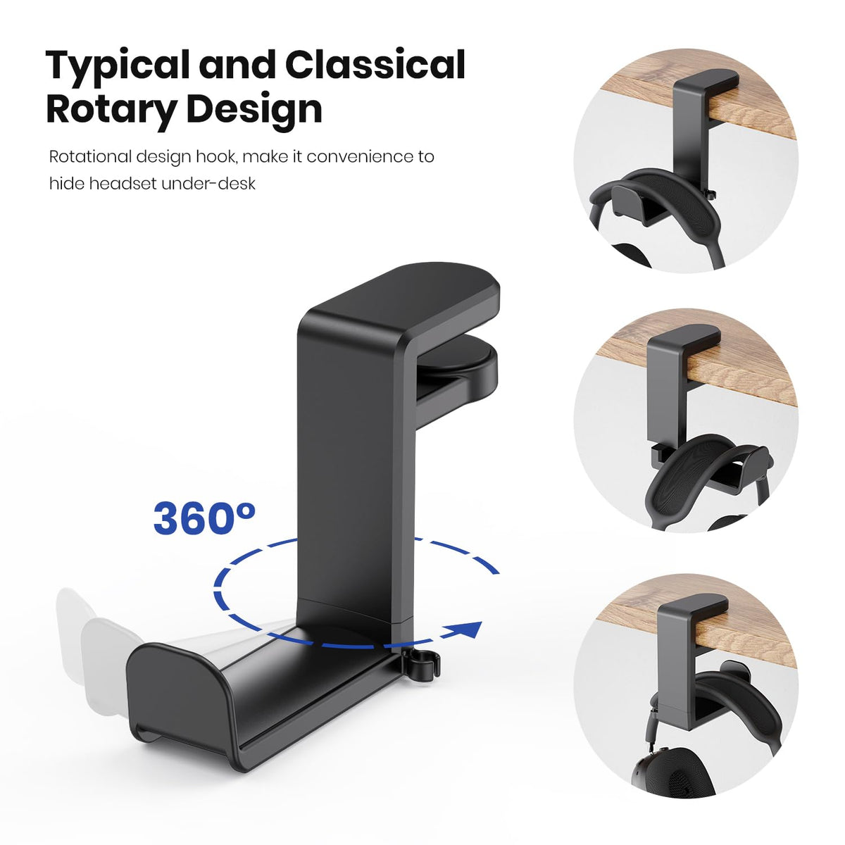 Rotatable Extendable Under Desk Clamp Headphone Stand with Support for Gaming or Office Headsets