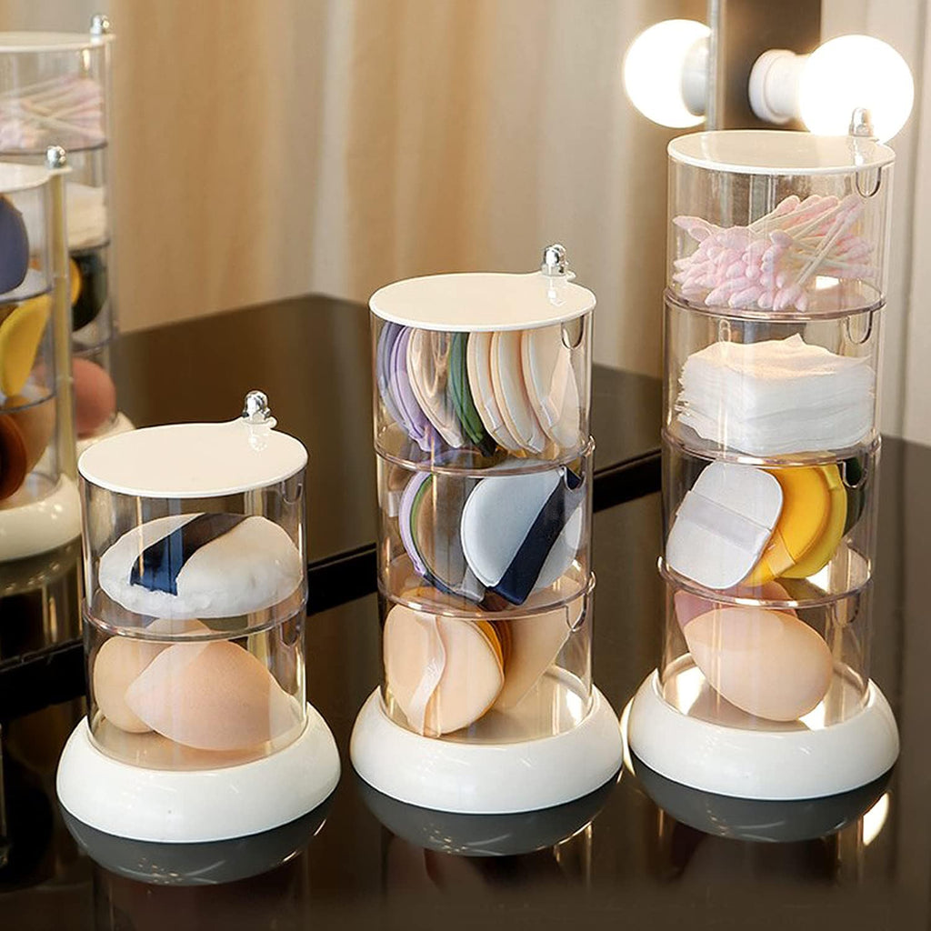 Rotatable Stackable Makeup Sponge Organizer with Dustproof Clear Storage Design for Vanity and Cosmetics