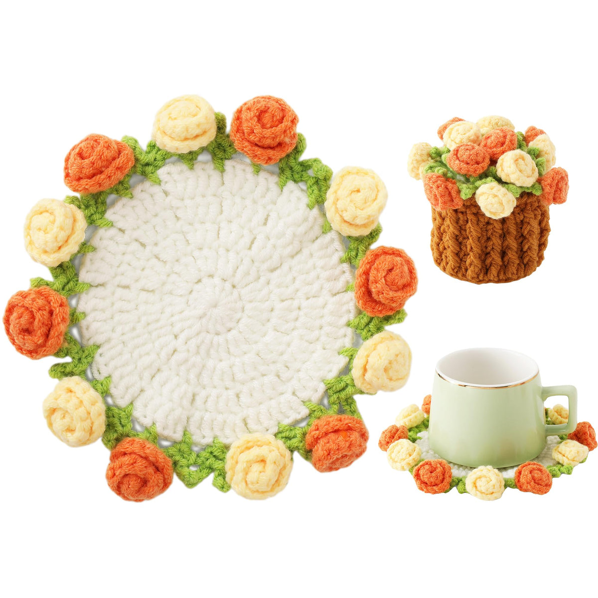 Rose Crochet Coasters with Plant Pot Holder for Coffee Table and Home Office Decor with Size 4.7×4.7×1.2" (12×12×3cm)