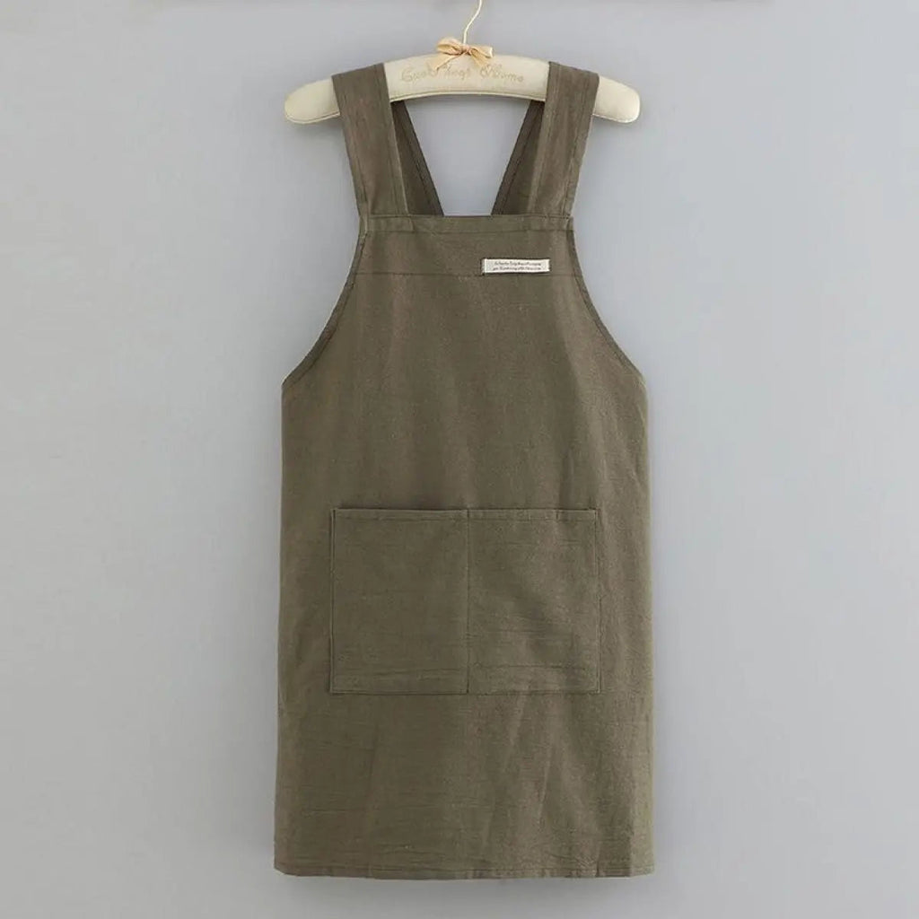 Japanese Korean Style Cross Back Cotton and Linen Apron with Pockets for Kitchen and Work