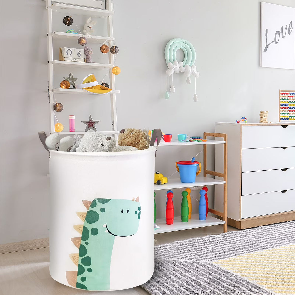 Large Capacity Folding Baby Items Basket with Cartoon Print, Diaper Caddy, Toy Storage, and Laundry Organizer for Nursery or Kids’ Rooms