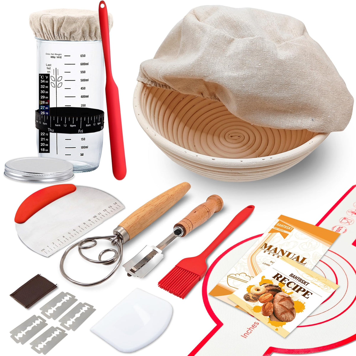 Complete Sourdough Starter Kit with Banneton Proofing Basket Glass Starter Jar for Home Bread Baking