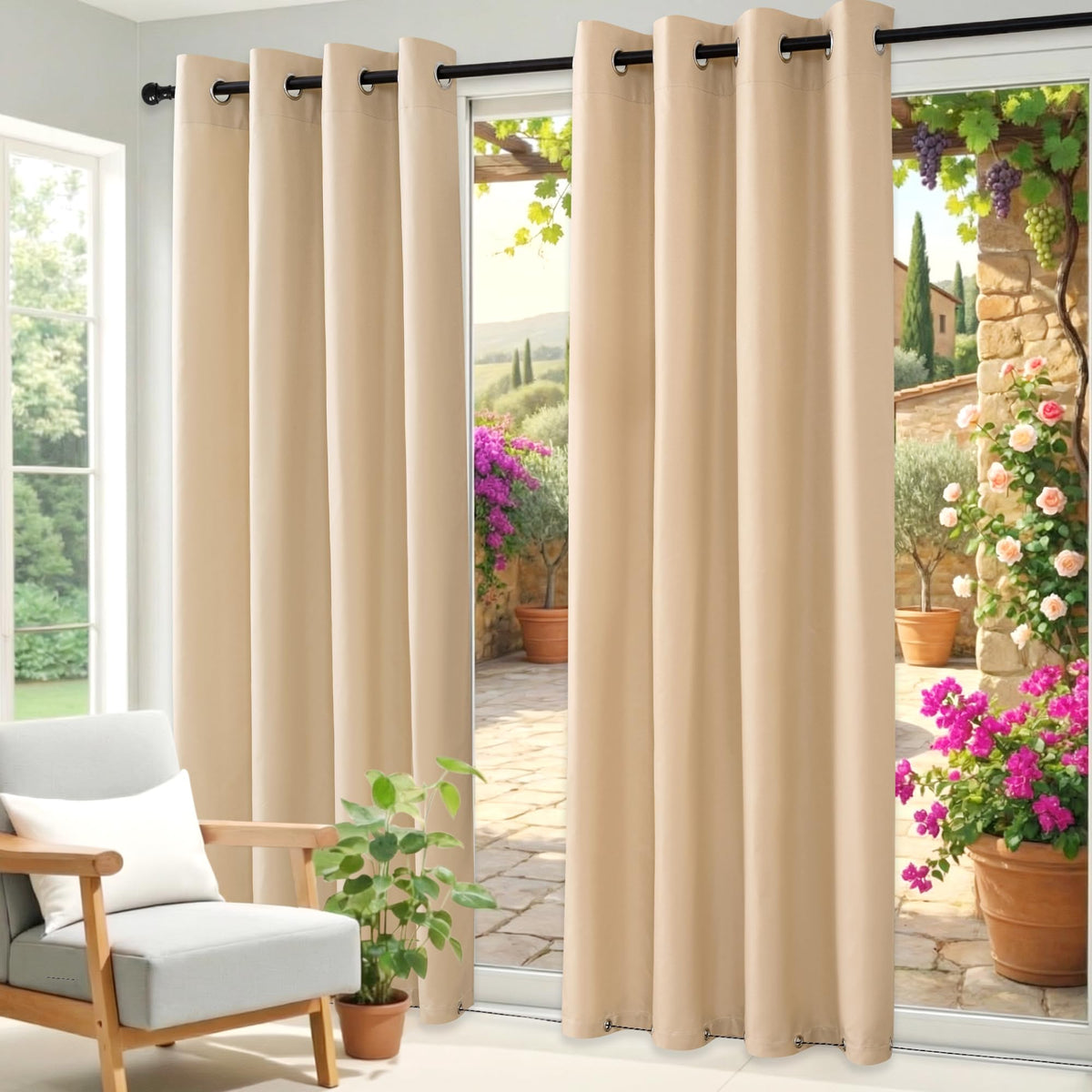 Outdoor Privacy Curtain with Waterproof Fabric and Rust-Resistant Grommets for Patios and Gazebos