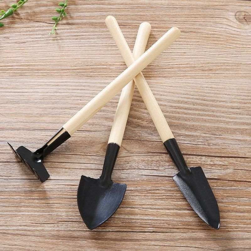 3 Pcs Mini Gardening Kit with Metal Tools and Wooden Handles for Seedling Transplanting and Indoor Outdoor Plant Care