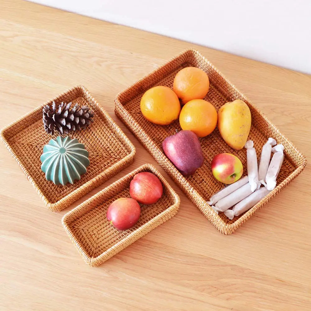 Handwoven Rattan Storage Basket Set of 3 Round Wicker Serving Trays for Kitchen and Countertop