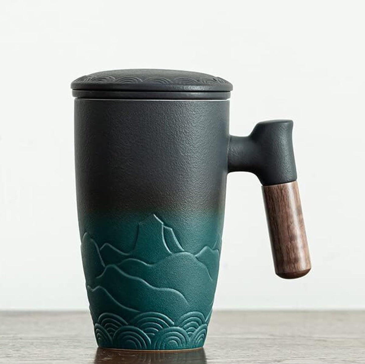 Ceramic Mug with Cover and Wooden Handle for Tea, Coffee, or Hot Beverages in Home and Office Use