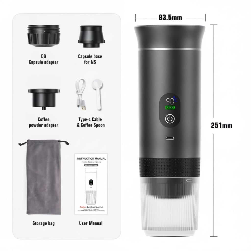 Portable Espresso Coffee Machine with Digital Display and 3 in 1 Capsule Design for Travel and Camping Use