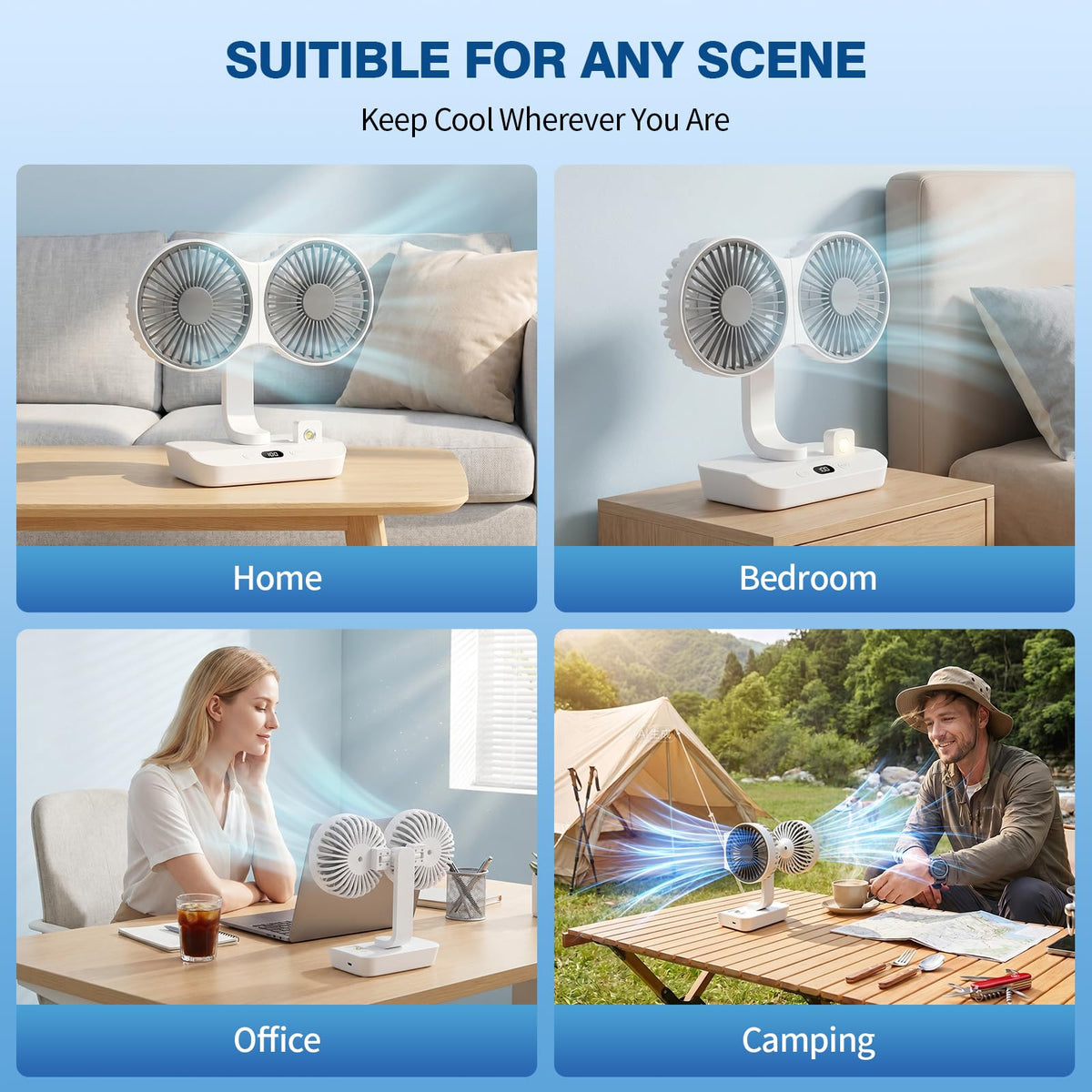 Double Head Rechargeable Table Fan with 4 Speed Settings, 8000mAh Battery and Digital Display for Home and Office