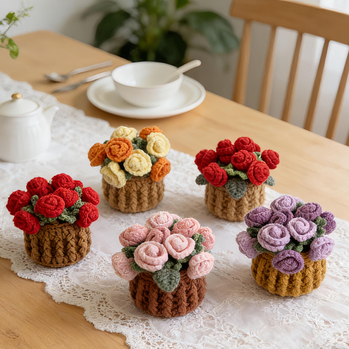 Rose Crochet Coasters with Plant Pot Holder for Coffee Table and Home Office Decor with Size 4.7×4.7×1.2" (12×12×3cm)