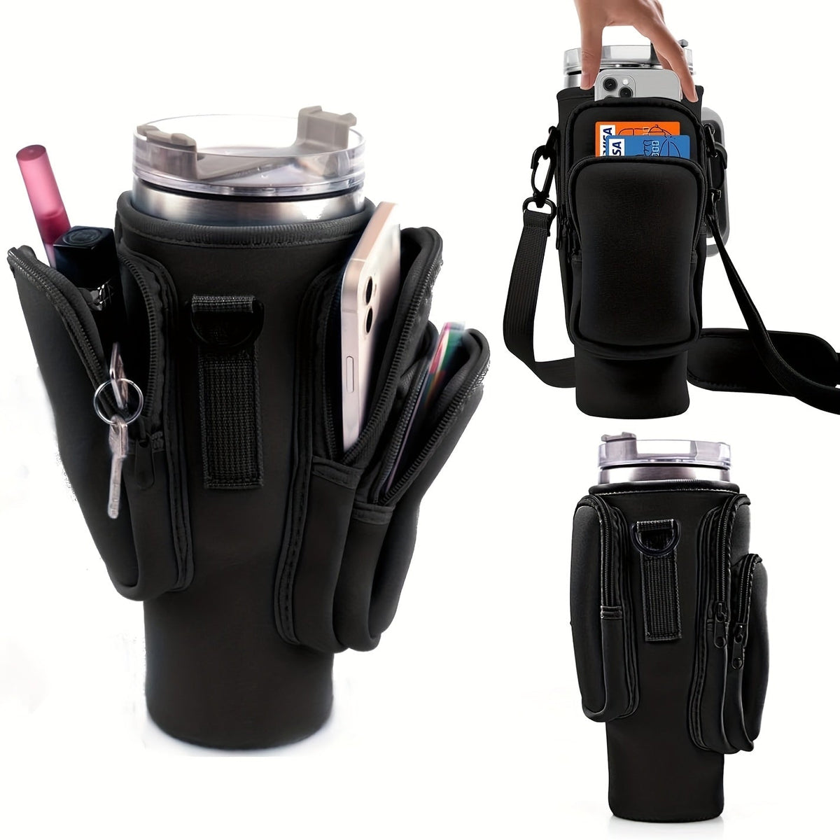 Crossbody Tumbler Carrier with Insulated Neoprene Sleeve and Storage Pockets for 30oz and 40oz Tumblers