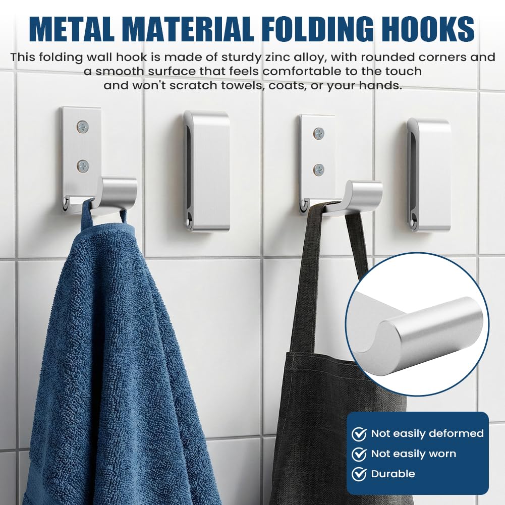 5 Pcs Folding Wall Hooks Set with Aluminum Alloy Wall Mount Design for Coats Towels Clothes and Headphones