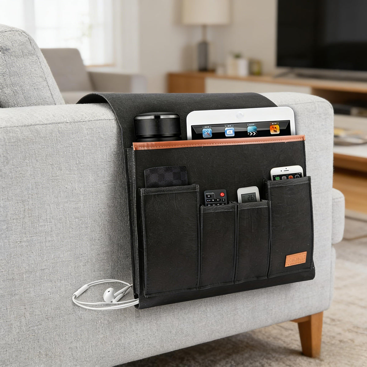 Felt Couch Armrest Organizer for Magazines, Tablets, Cell Phones, and Remote Controls, Hanging Storage Bag for Living Room