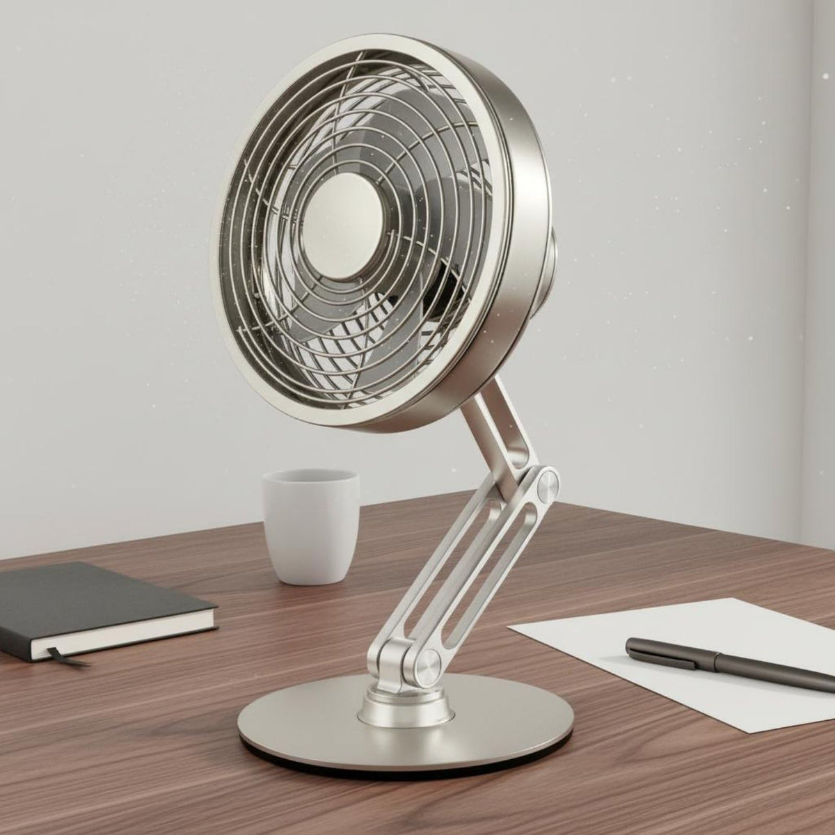 USB Rechargeable Aluminum Mini Fan with 360° Rotation, Foldable Stand and 3 Speed Control for Desktop and Travel