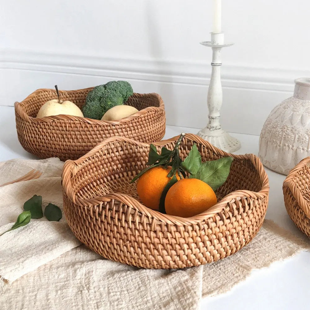 Handwoven Rattan Storage Basket Set of 3 Round Wicker Serving Trays for Kitchen and Countertop