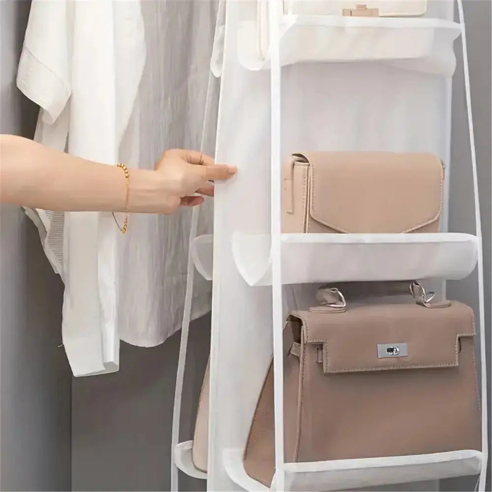 8 Pocket Hanging Handbag Organizer with Transparent Windows and Stainless Steel Hook for Closet Handbag Storage