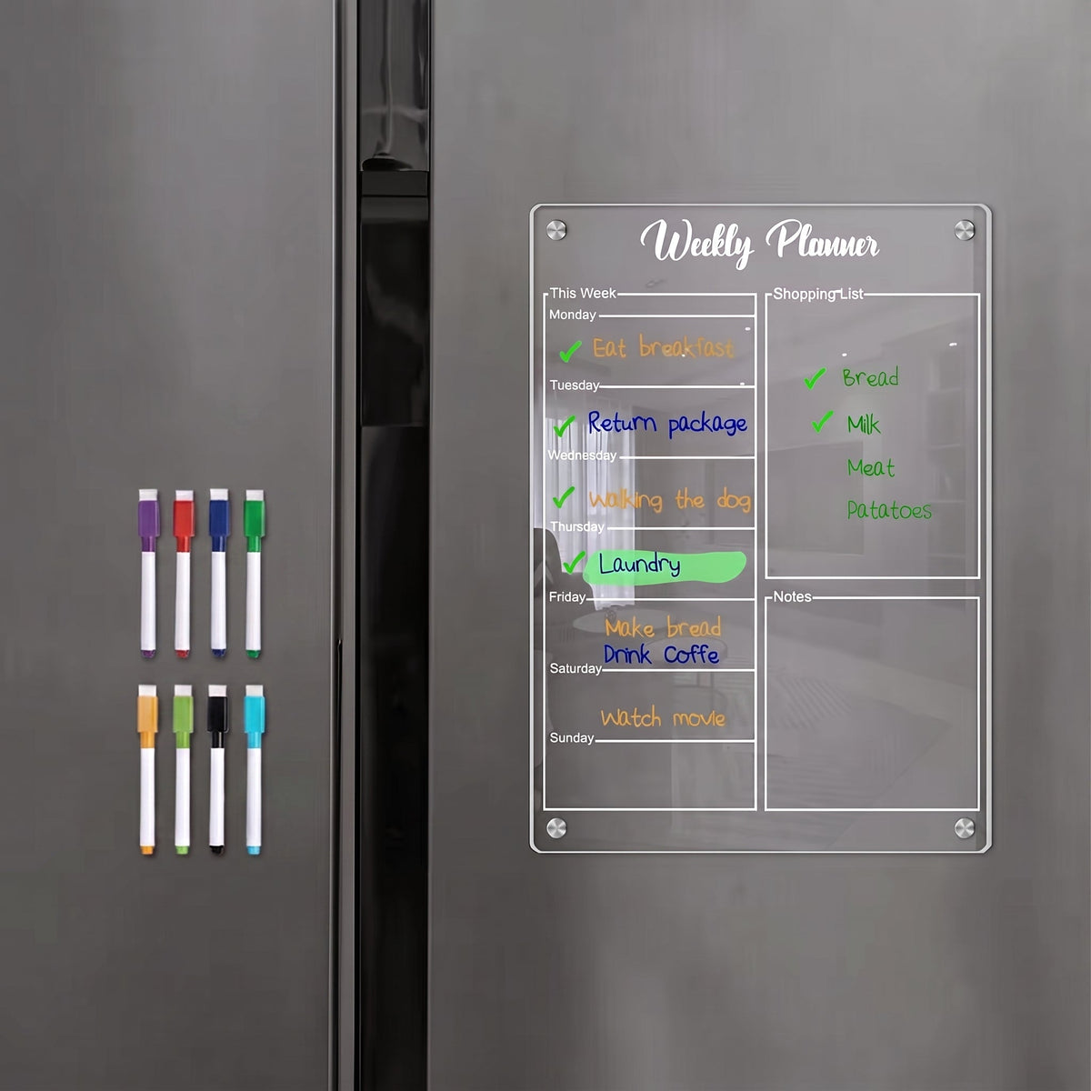 Magnetic Weekly Planner with Transparent Acrylic Dry Erase Design for Refrigerator Schedules and Meal Planning