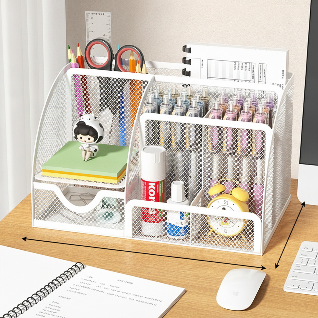 Metal Stationery Holder with 7 Compartments and Drawer for Office Supplies and Desktop Storage