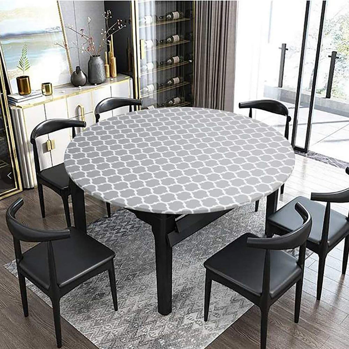 Elastic Fitted Round Vinyl Tablecloth Waterproof Table Cover for Dining Table Party Camping Use