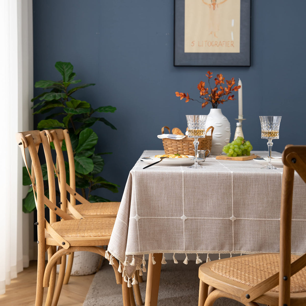 Square Tablecloth Cotton Linen Waterproof Farmhouse Cover with Tassel Edges for Kitchen and Dining Tables