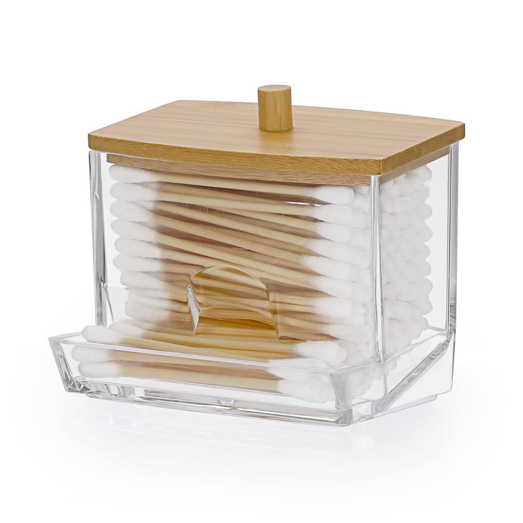 Cotton Swab Storage Box with Bamboo Lid Transparent Square Container for Bathroom Vanity and Toothpick Organization