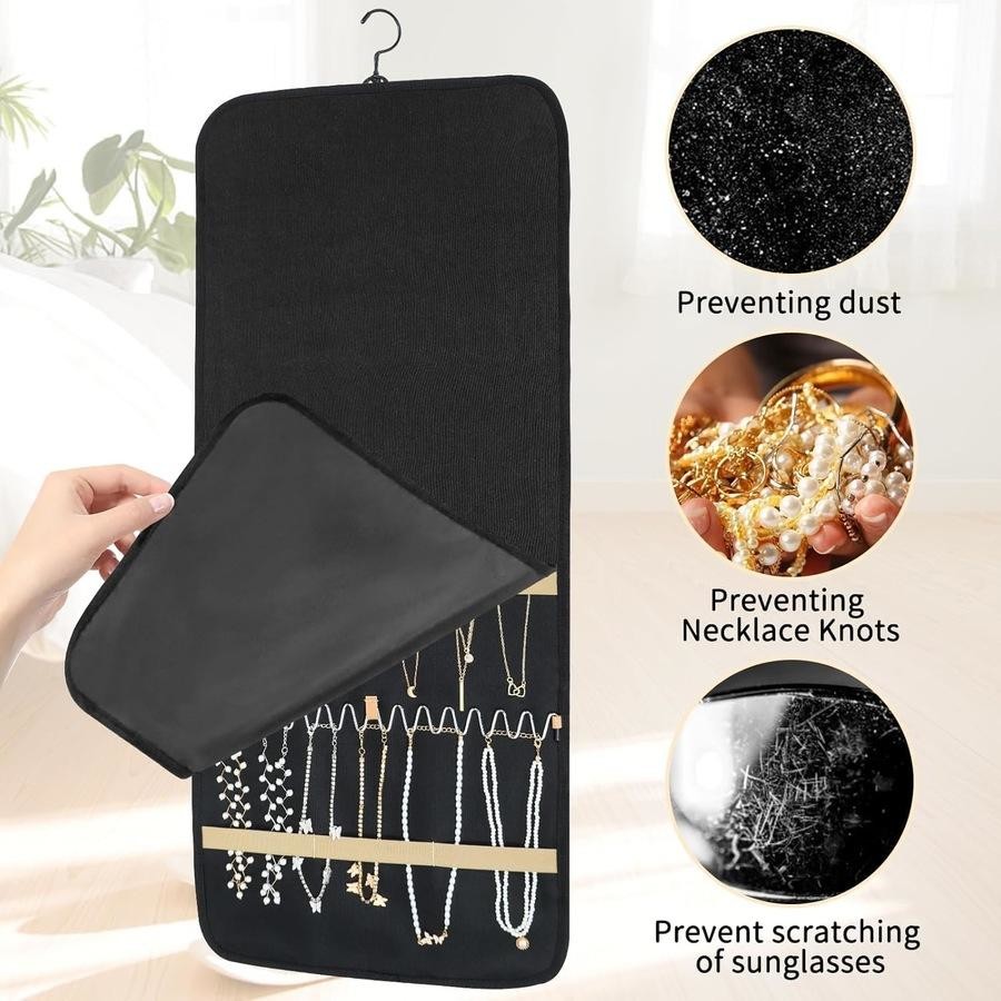 Double Sided Hanging Jewelry Organizer Roll with Metal Hooks for Earrings Necklaces Rings Storage