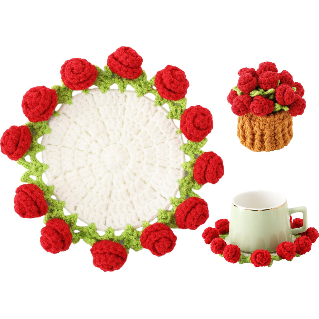 Rose Crochet Coasters with Plant Pot Holder for Coffee Table and Home Office Decor with Size 4.7×4.7×1.2" (12×12×3cm)