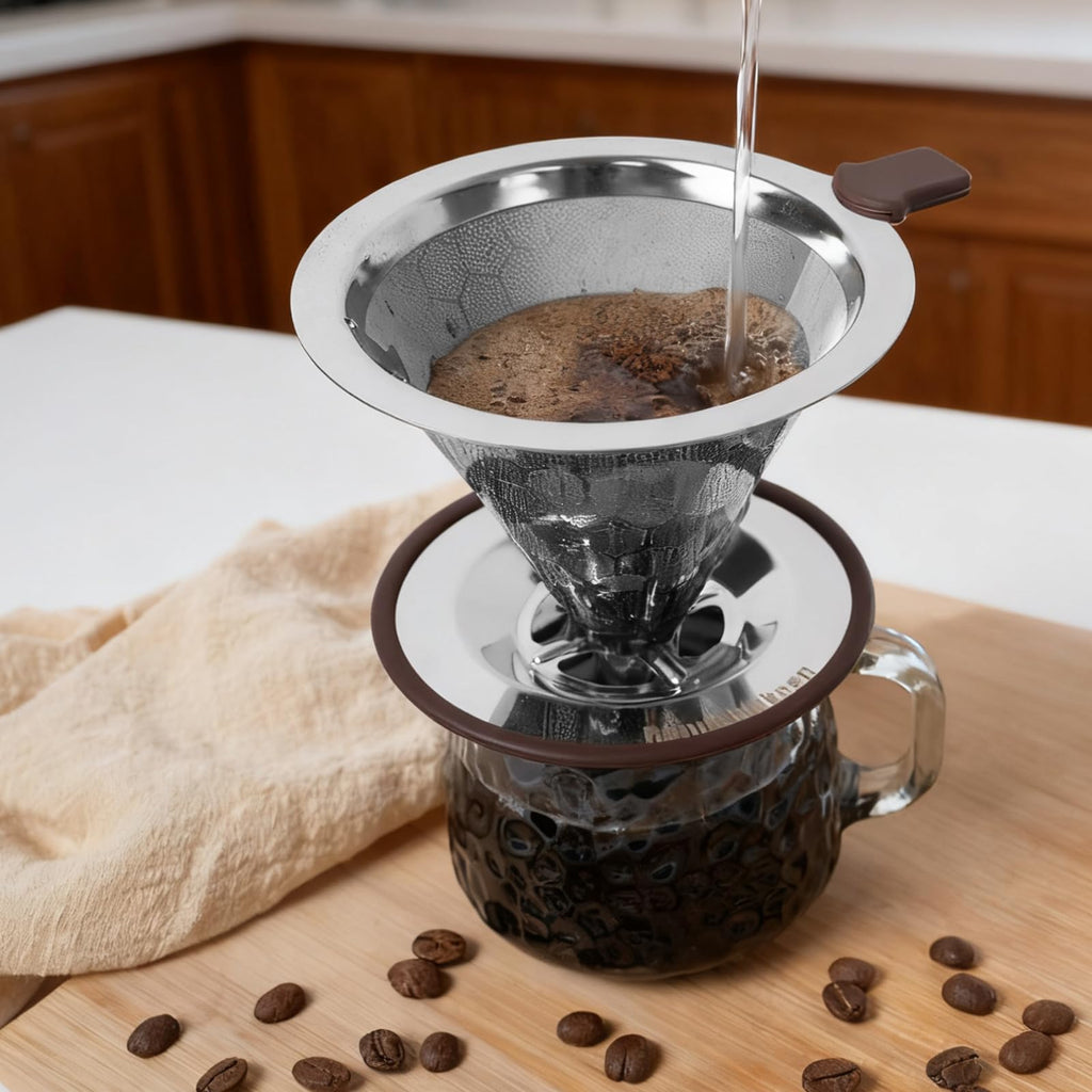 Stainless Steel Manual Coffee Brewer Reusable Double Layer Filter for Pour Over Brewing at Home Office or Travel (Filter Paper Not Included)