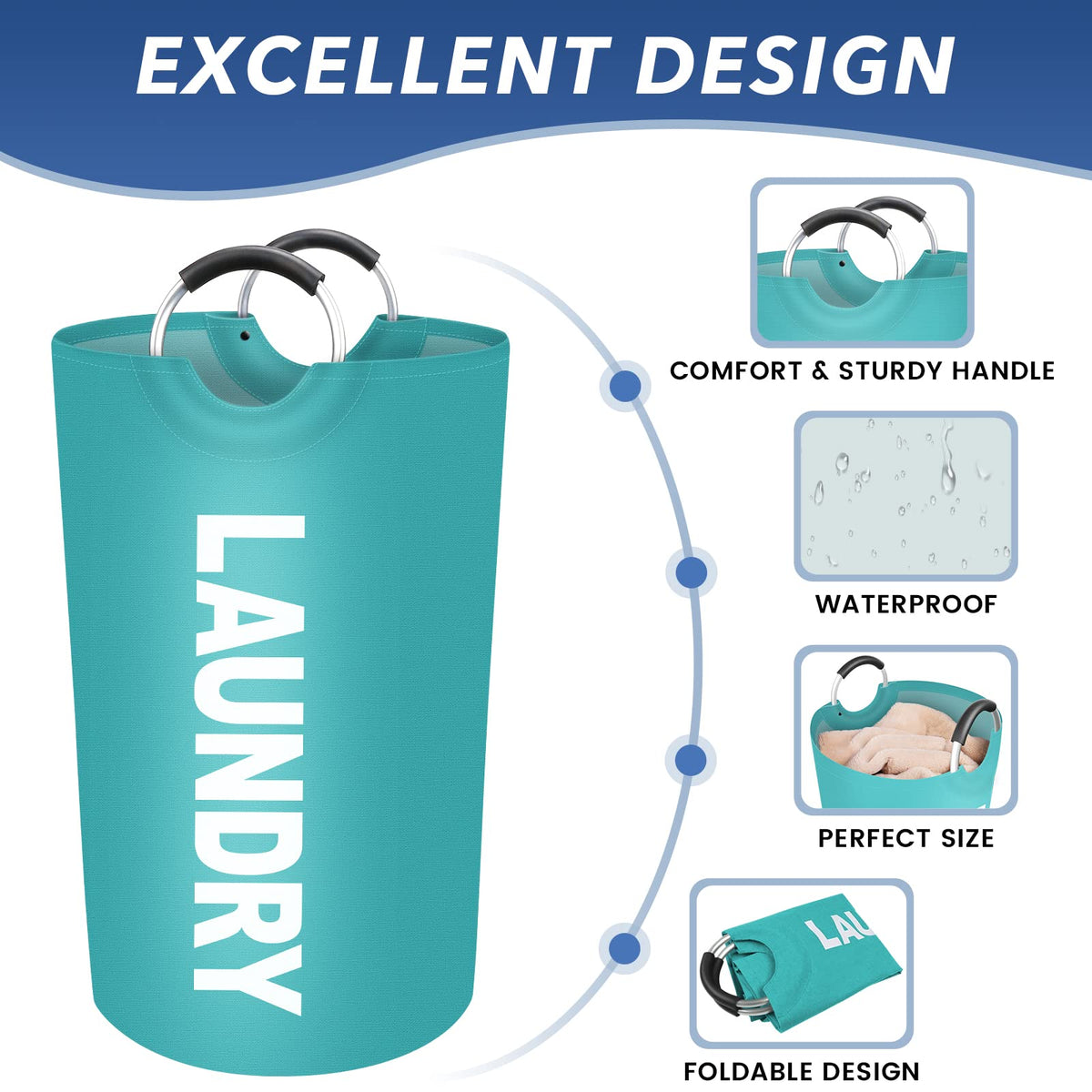 Collapsible Laundry Hamper Basket with Waterproof Fabric Design and Padded Carry Handles