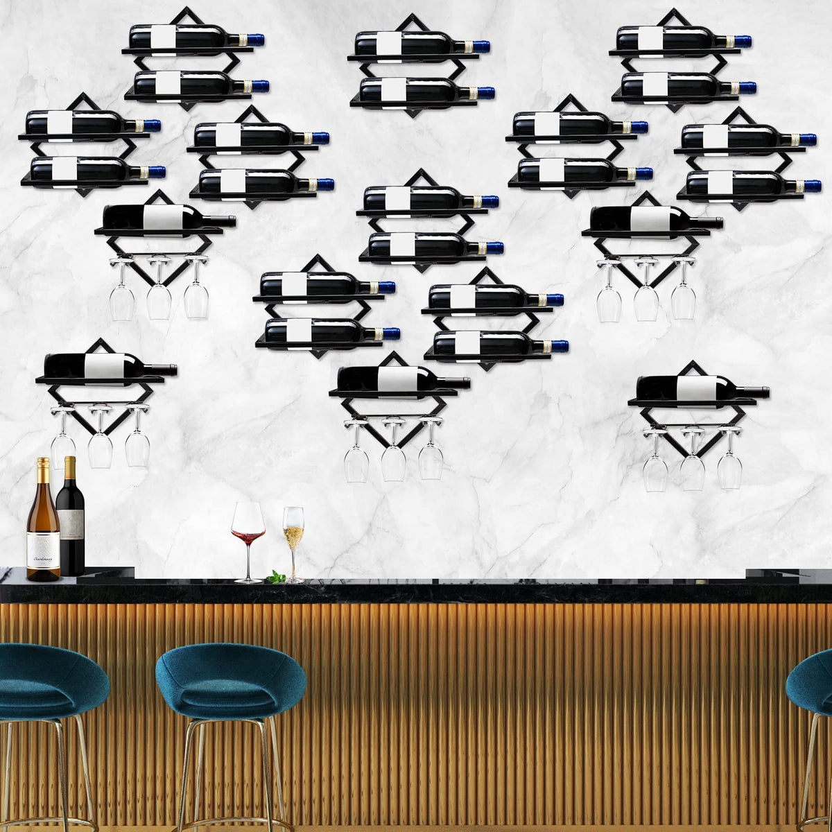 Upside Down Wine Rack with Foldable Iron Wall Mount Design for Bottles Goblets and Bar Storage