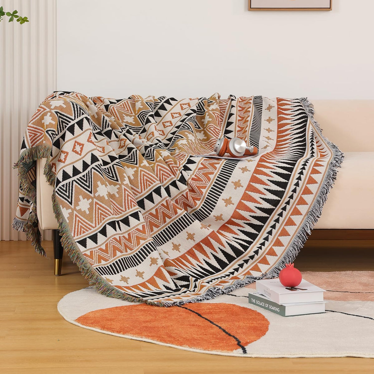 Boho Decorative Throw with Geometric Woven Design for Sofa and Home Decor