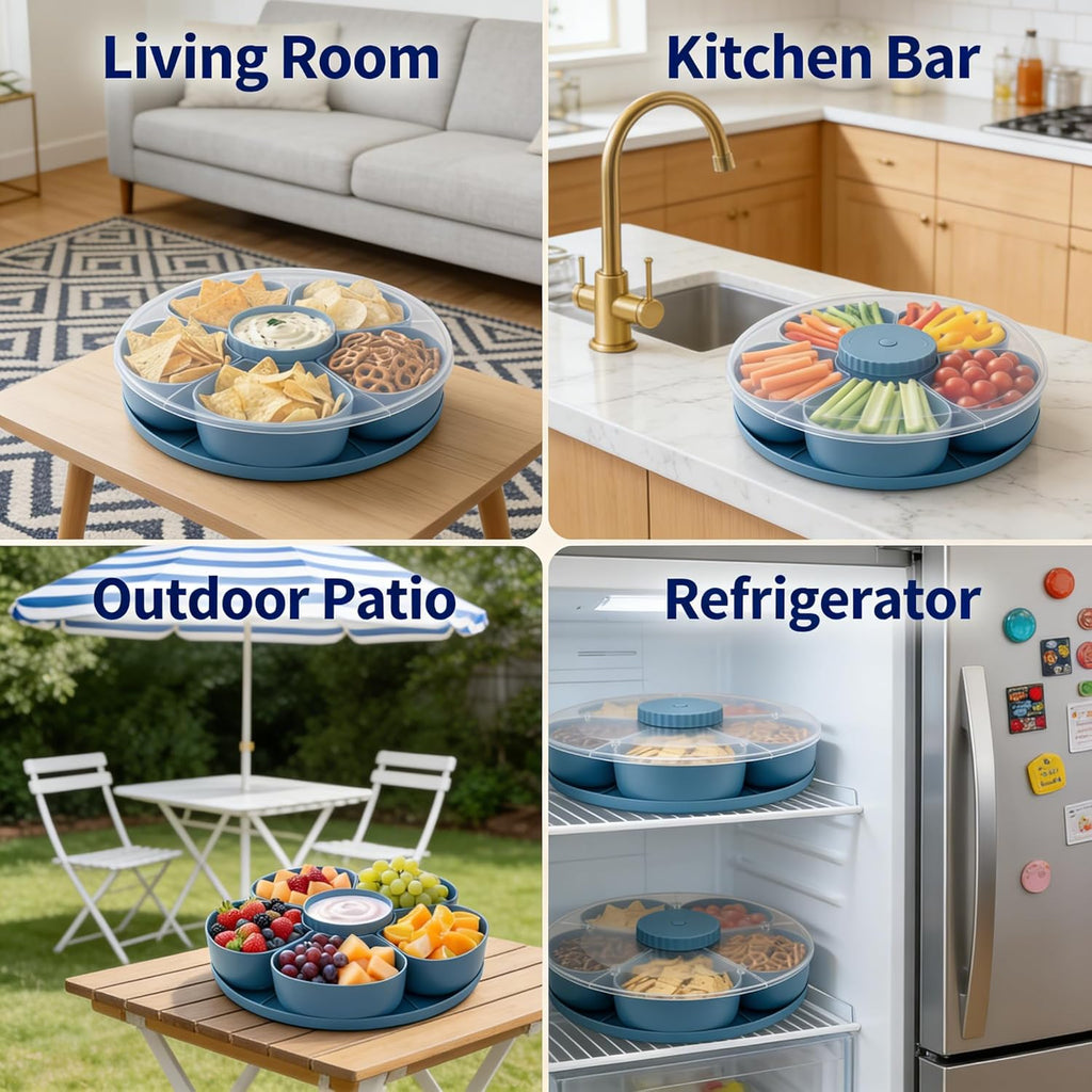 Rotating Snack Tray with Divided Compartments for Fruits Vegetables and Party Serving