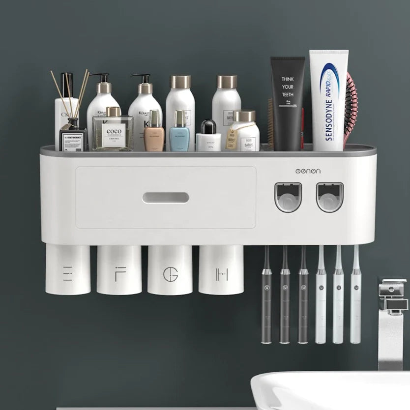Magnetic Toothbrush Holder with Automatic Toothpaste Dispenser for Wall Mounted Bathroom Organization