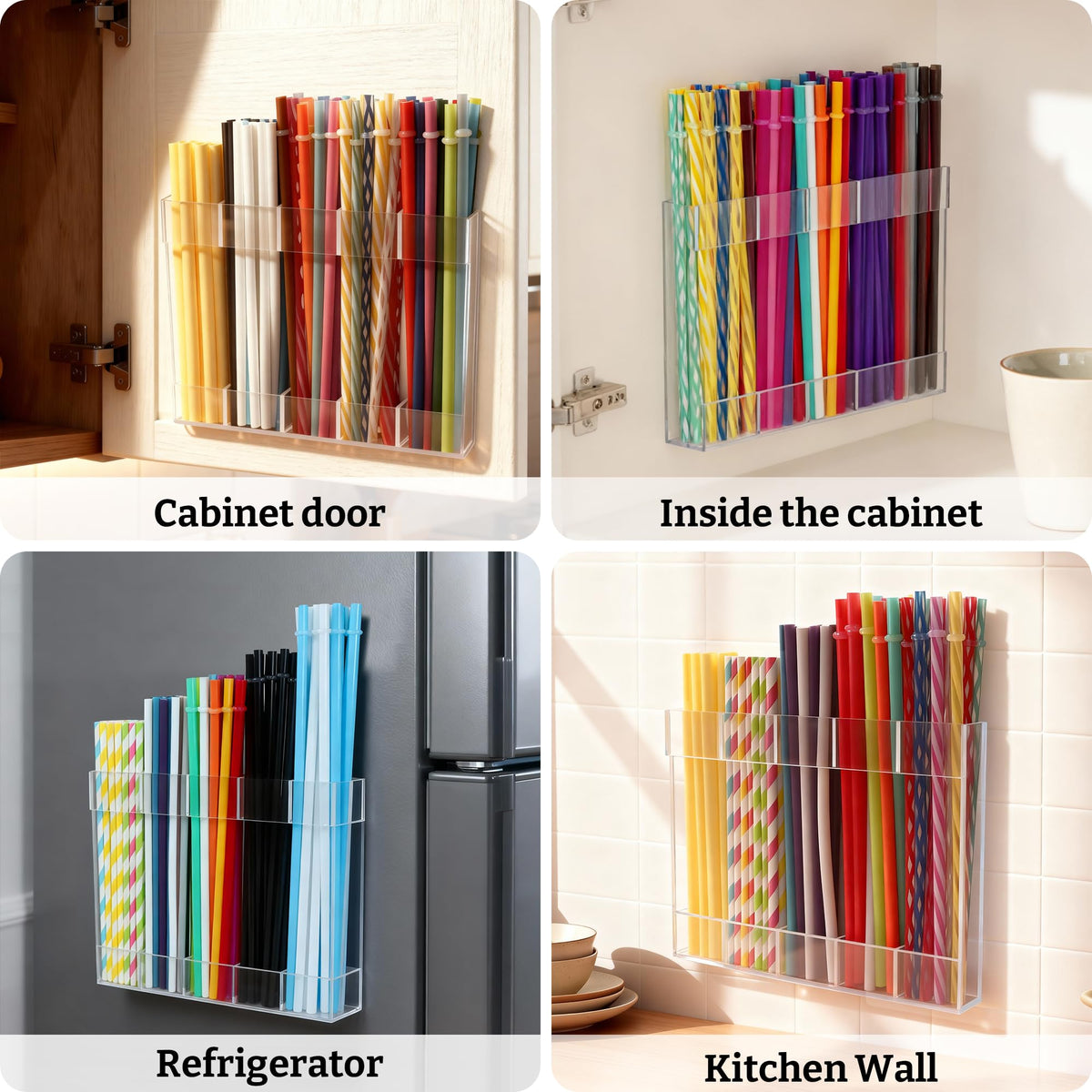 Acrylic Straw Holder with Adhesive Mount Design for Kitchen Countertop and Cabinet Storage