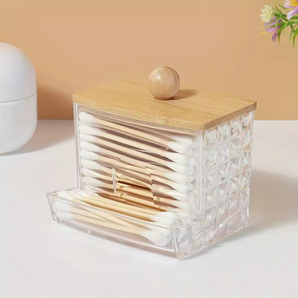 Cotton Swab Storage Box with Bamboo Lid Transparent Square Container for Bathroom Vanity and Toothpick Organization