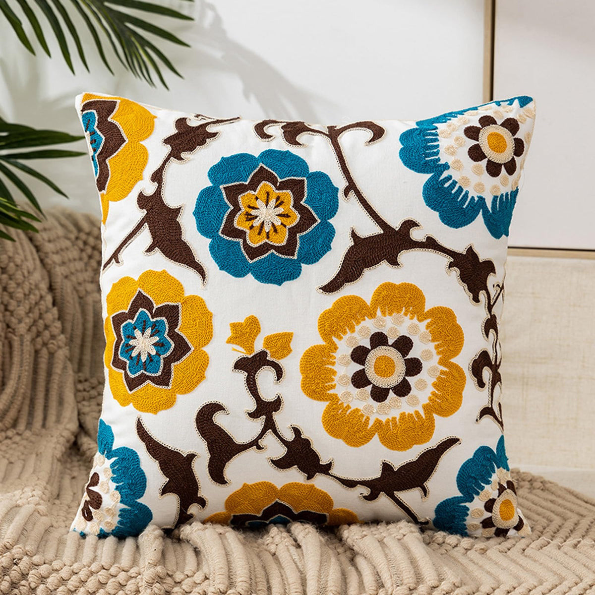 Embroidered Floral Throw Pillow Cover 18x18 Inch Cotton Canvas with Hidden Zipper for Sofa, Bed, and Living Room Decor