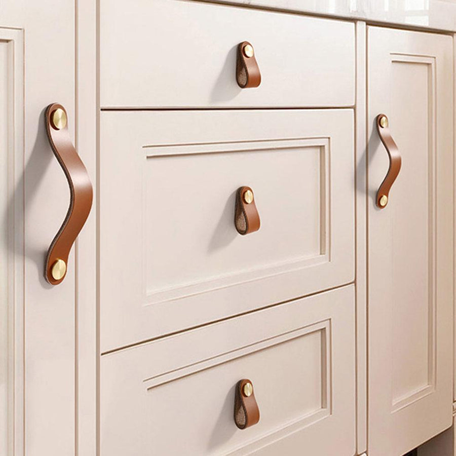 Faux Leather Drawer Pulls with Copper Head Hardware for Cabinets, Dressers, and Closets