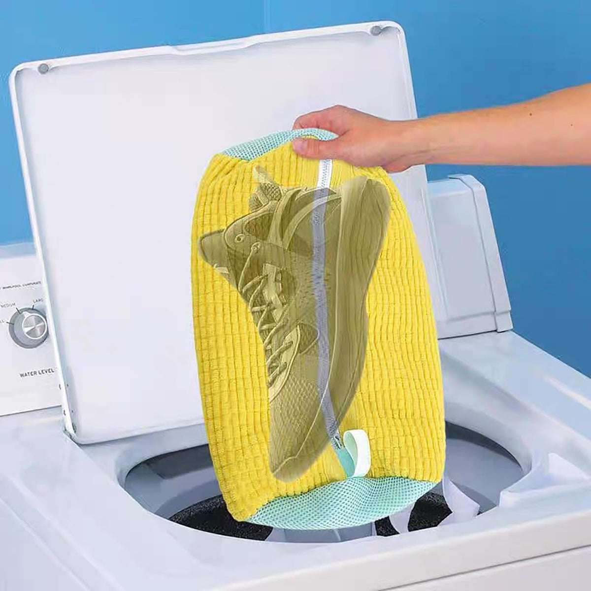 2Pcs Shoe Washing Machine Bag with Self Locking Zipper and Chenille Mesh Design for Washer Dryer Sneaker Cleaning (Brush & Shoes Bag Included)
